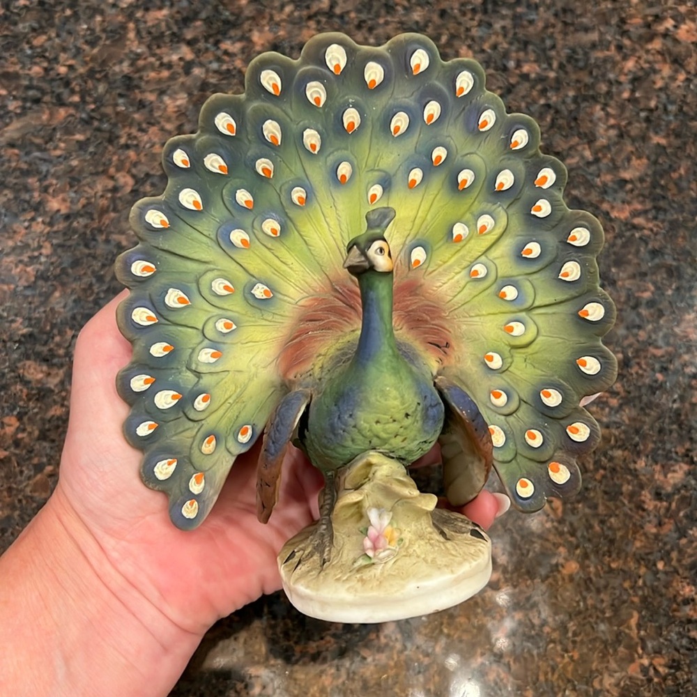 Vintage Royal Copley Style Peacock Figurine 6” Hand Painted MCM Pottery